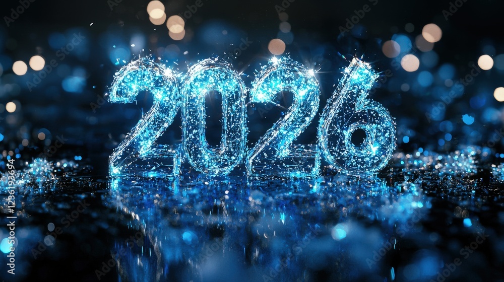 Poster shimmering 3d silver and blue numbers with snowflakes on a sparkling background ideal for new year c