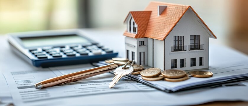 House model, calculator, coins, and keys on paperwork representing real estate investment, mortgage calculation, property value assessment, and homeownership finances.