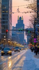Obraz premium ' City street at sunset with snow and car traffic. Possible travel stock use.