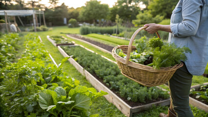  harvests fresh, organic vegetables in a sunny greenhouse garden