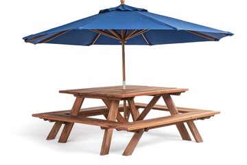 Wooden picnic table with blue umbrella in a bright setting