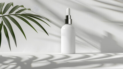 Elegant white dropper bottle with green palm leaves casting shadows on a bright surface in a serene setting