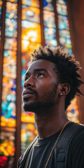 Fototapeta premium Reflective african american young man in front of stained glass window