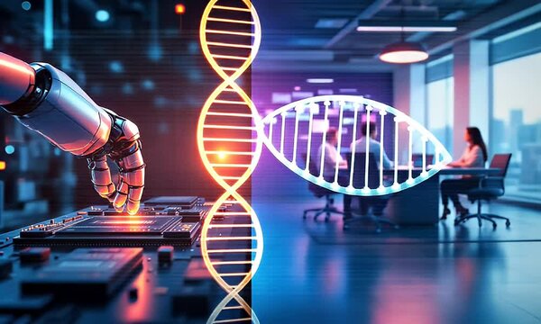 Robotic Hand Interacting with DNA Strand, Futuristic Biotech Lab Setting - Powered by Adobe