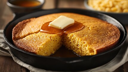 Homemade cornbread with butter and maple syrup in a frying pan