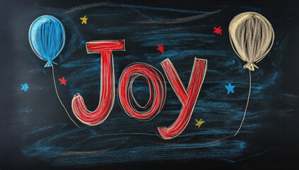Chalkboard drawing with the word 'Joy' in vibrant colors surrounded by balloons and stars, symbolizing happiness and celebration.