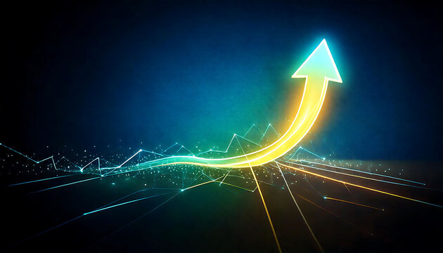 Dynamic glowing arrow ascends, symbolizing growth, progress, and technological advancement.  Perfect for presentations, websites, and marketing materials needing a futuristic, success-oriented visual.