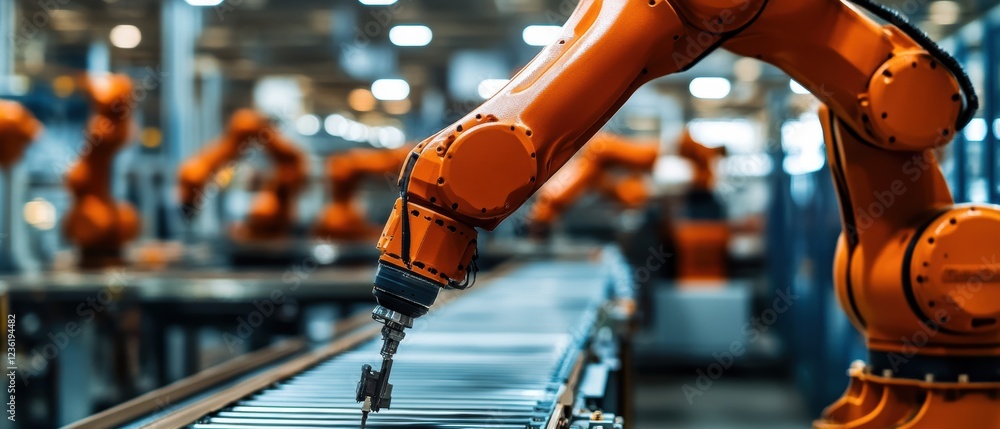 Poster industrial robot arm, automation technology in factory processing line, modern manufacturing with ro