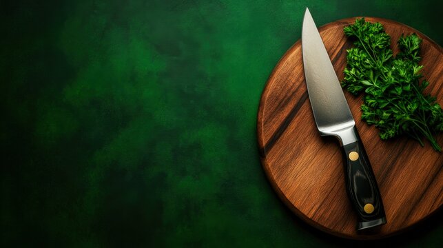 A polished kitchen knife rests on a wooden cutting board alongside fresh parsley, This image is ideal for culinary blogs, recipe books, or food-related marketing materials,