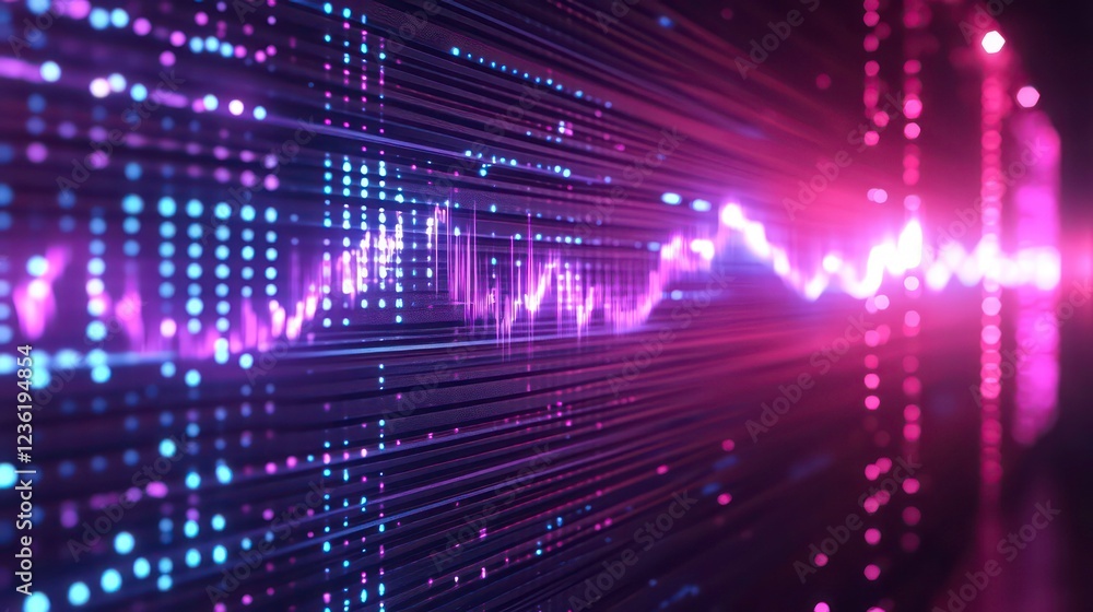 Poster Abstract digital data stream with glowing pink and blue lines forming a wave pattern, representing fast data transfer or stock market fluctuation.