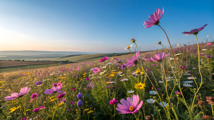 A beautiful field of pink flowers in full bloom under a clear blue sky