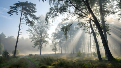 Morning mist in the forest with sunlight and fog