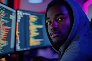 Young African American man coding in a neon lit environment