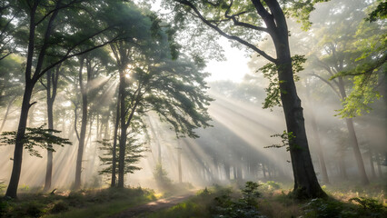 Misty morning in the forest with sunlight filtering through the trees