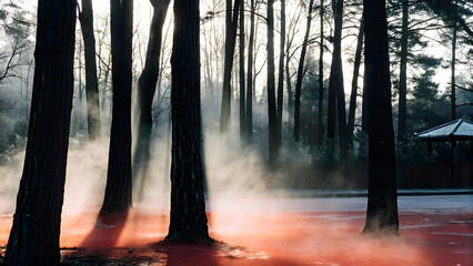 Misty Morning in the Forest with Sun Rays