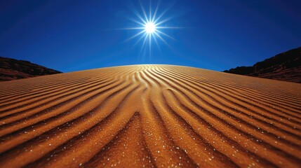 Naklejka premium Desert sand dune under bright sun, background mountains, travel poster