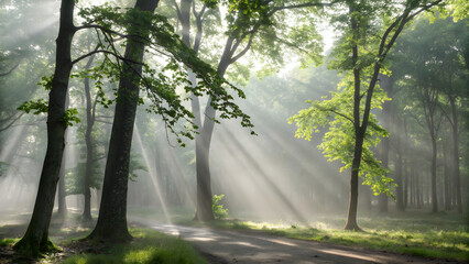 Misty Morning in the Forest with Sunlight and Fog