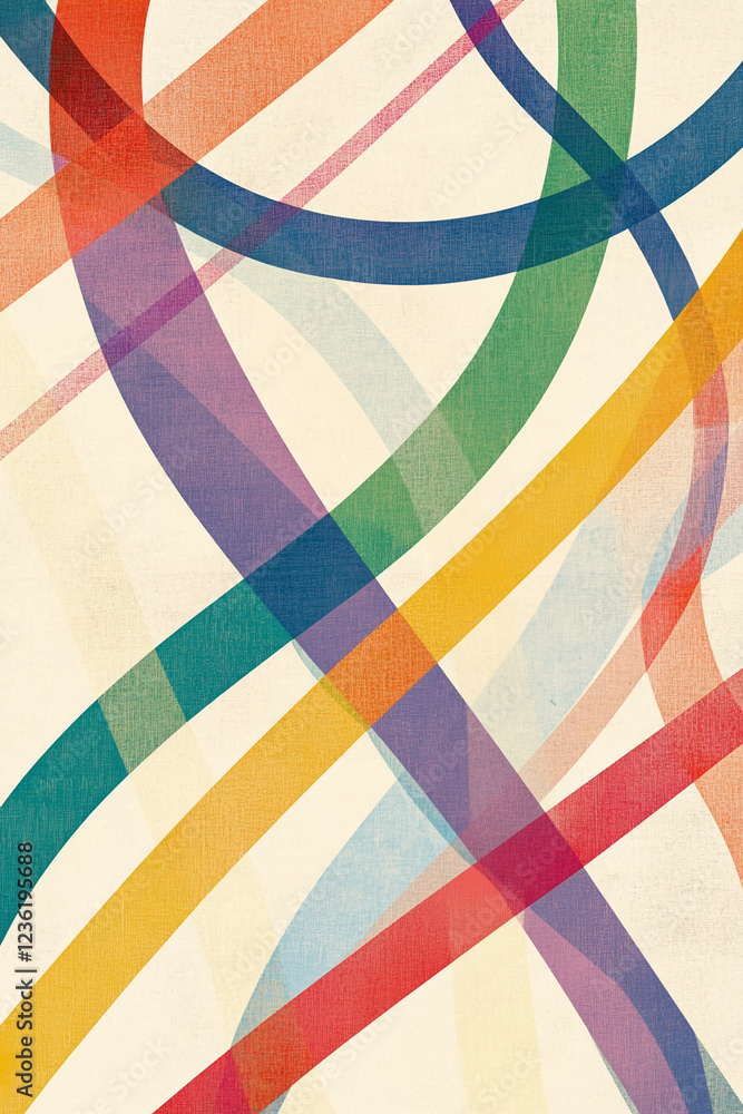 Poster Abstract overlapping colorful lines in red, blue, green, and yellow, forming an artistic pattern with a retro feel, creating a vibrant, playful design that evokes creativity and dynamism.