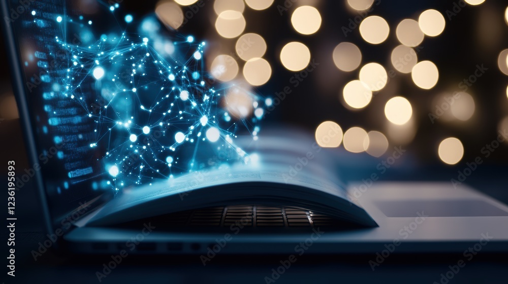 Poster laptop, glowing data visualization and technology concept with abstract connections over open pages,