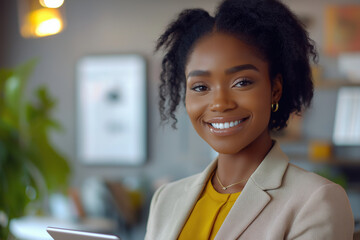 Professional African American young woman smiling confidently in modern office setting