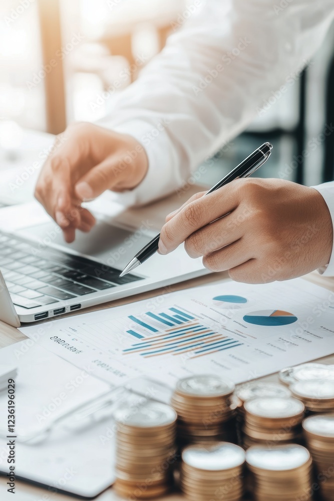 Poster laptop user analyzing financial data with charts and reports, surrounded by coins. office setting hi