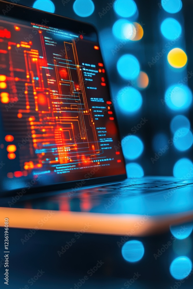 Poster laptop with digital data streams and glowing circuit patterns reflecting modern technology, cyber se