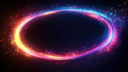 Neon light trail circle on black background. Endless circular pattern. Glitter magic spell effect. Light streaks with shimmer. Modern round frame with empty space for text for advertising