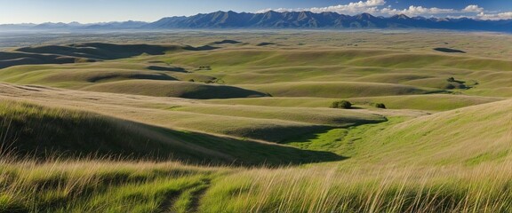 Obraz premium Vast Steppe Landscape: Rolling Hills and Minimal Vegetation in a Striking Composition
