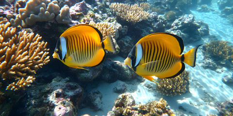 Fototapeta premium Underwater Tropical Corals Reef with colorful sea fish. Marine life sea world. Tropical colourful underwater seascape. 