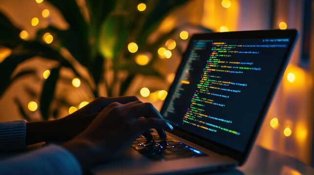 Laptop with coding on screen during night, showcasing programming hands working under soft lights, emphasizing technology development and software engineering.