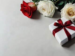The image shows gifts and flowers against a plain background.