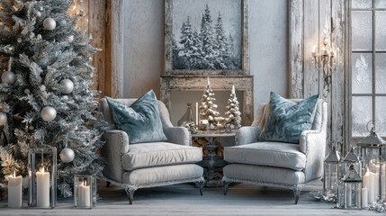 Cozy winter interior with luxurious chairs and holiday decorations
