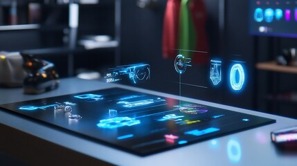 Obraz premium Futuristic technology interface with glowing blue icons and rings displaying digital information