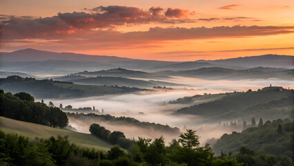 Dawn's light paints the mountain landscape with vibrant sunrise hues