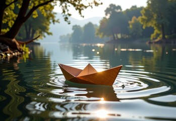 Fototapeta premium A paper boat floats serenely on a calm river bathed in the warm glow of the setting sun. Sunlight filters through the lush green foliage of trees lining the riverbank