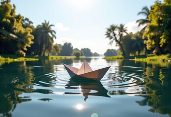 Obraz premium A paper boat floats serenely on a calm river bathed in the warm glow of the setting sun. Sunlight filters through the lush green foliage of trees lining the riverbank