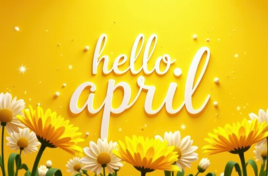 The "Hello April" banner. The new season. The second month of spring. the greeting picture. Flowers with text on a yellow background.	
