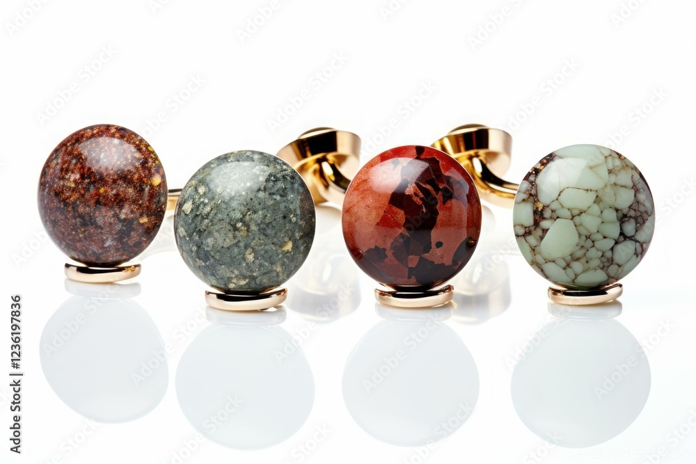 Poster elegant cufflinks with colorful polished stone showing their reflection