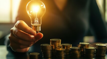 Light bulb held over a stack of coins symbolizing innovative ideas in finance. Concept of creativity, investment strategies, and wealth growth in business.