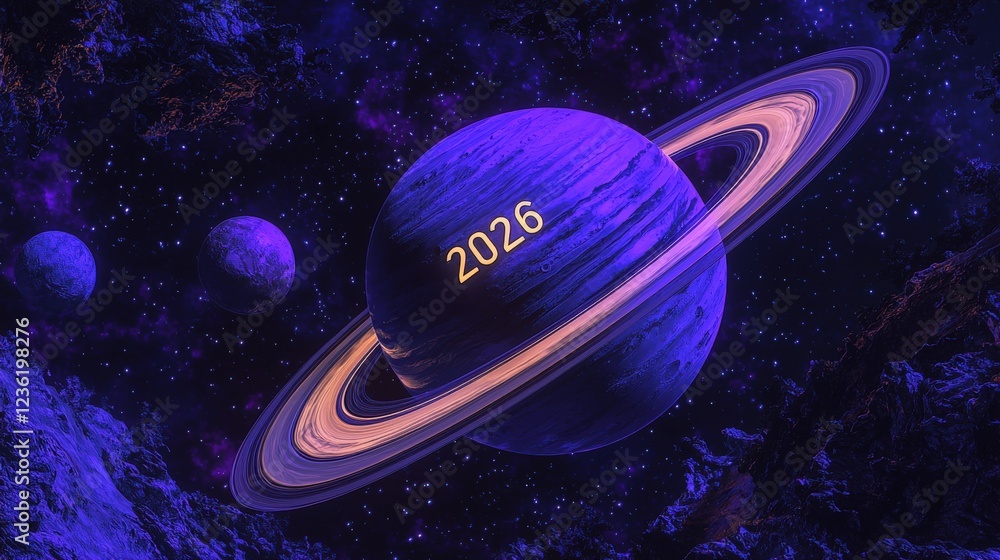Poster 3d smooth reflective glass sphere suspended in an outer space scene with planets and a year digitall