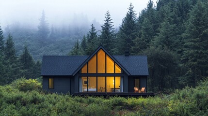 Obraz premium Serene Cabin Retreat Surrounded by Lush Green Forest and Mist