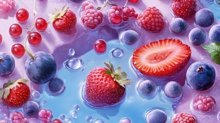 Colorful assortment of fresh berries floating in clear liquid on a vibrant background