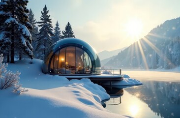 Dome house in winter in the forest . Modern houses. An advertisement for a secluded vacation. Tourism. Meditation . Winter landscape	

