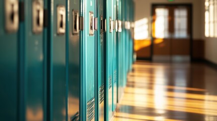 Lockers in a school hallway with natural light streaming through windows, showcasing educational environment, student life, and organized spaces for learning.