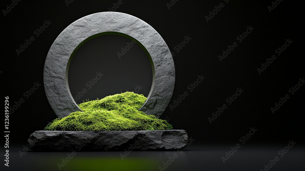 Poster stone circle with moss: a minimalist image showcasing a circular stone structure resting on a moss-c