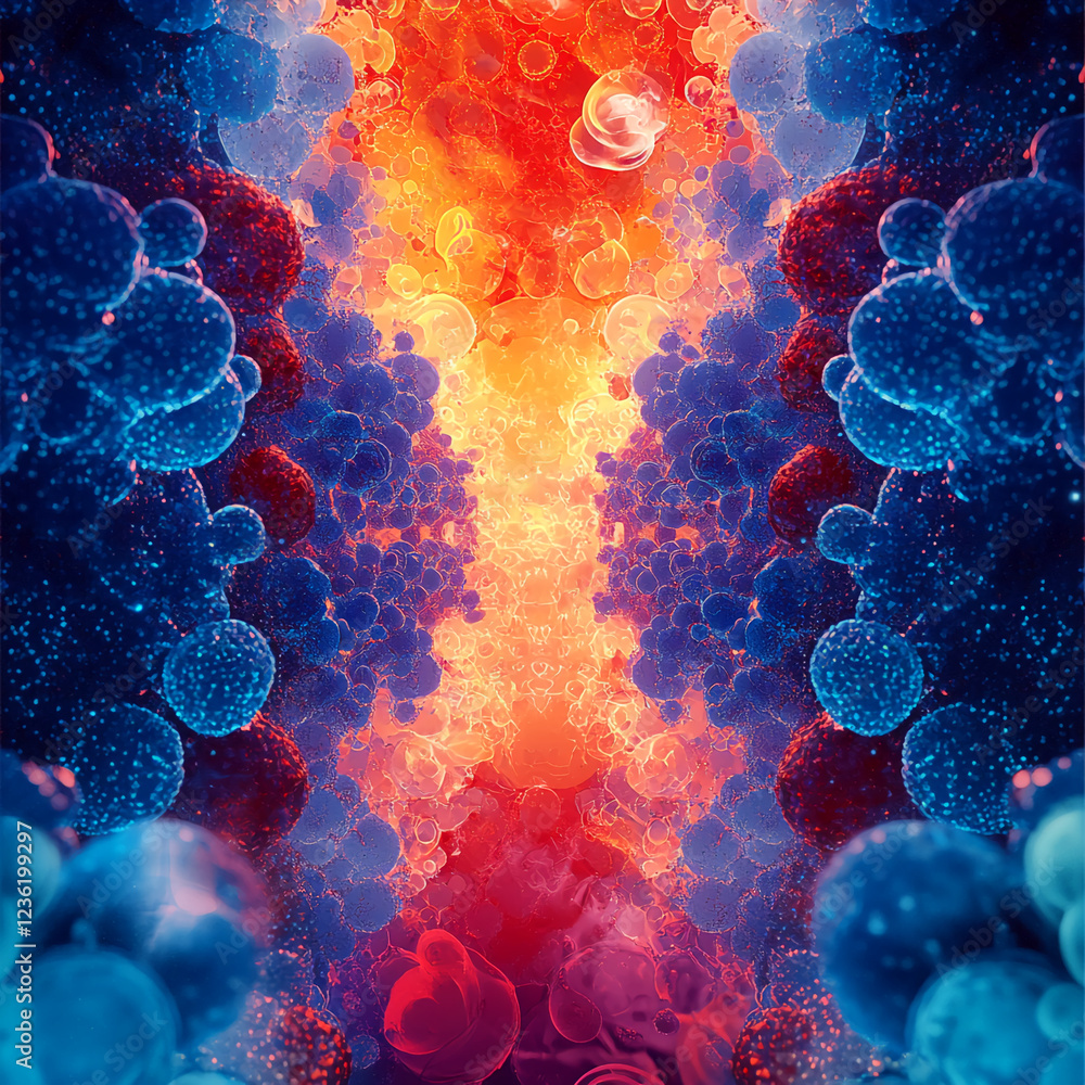 Aufkleber abstract digital rendering of glowing blue and red virus-like cells, representing the concept of inf