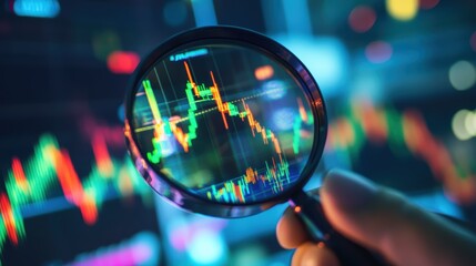 Magnifying glass focused on financial data, analyzing stock market trends, charts, and graphs for investment insights, digital finance and economic analysis.