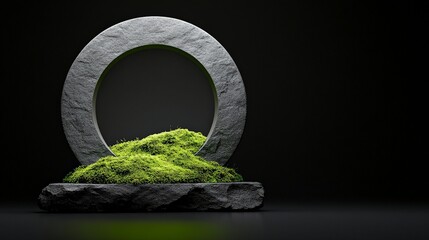 Stone Circle with Moss: A minimalist image showcasing a circular stone structure resting on a moss-covered rock, set against a dramatic black background.
