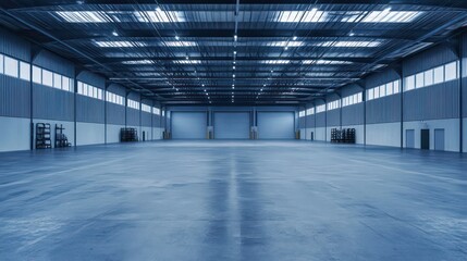 Empty large warehouse interior with high ceiling, concrete floor, and loading docks.