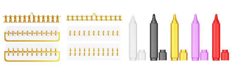 3d set of gold notebook spirals and color markers render. Golden wire metal ring bindings and springs for calendar, notepad, document cover. White, black, yellow and red highlighters. 3D illustration